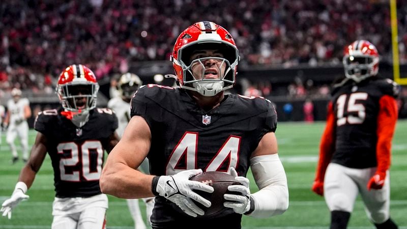 Atlanta Falcons linebacker Troy Andersen (44) runs into the end zone on an interception against the New Orleans Saints during the first half of an NFL football game, Sunday, Sept. 29, 2024, in Atlanta. (AP Photo/John Bazemore)