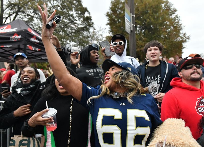 Georgia Tech fans cheer during a Block Party prior to a football game between Georgia Tech and Georgia at Georgia Tech's Bobby Dodd Stadium, Saturday, November 25, 2023, in Atlanta. (Hyosub Shin / Hyosub.Shin@ajc.com)