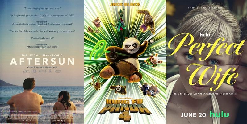 This combination of photos shows promotional art for the film "Aftersun," left, the animated film "Kung Fu Panda 4, center, and the series "Perfect Wife." (A24/Universal/Hulu via AP)