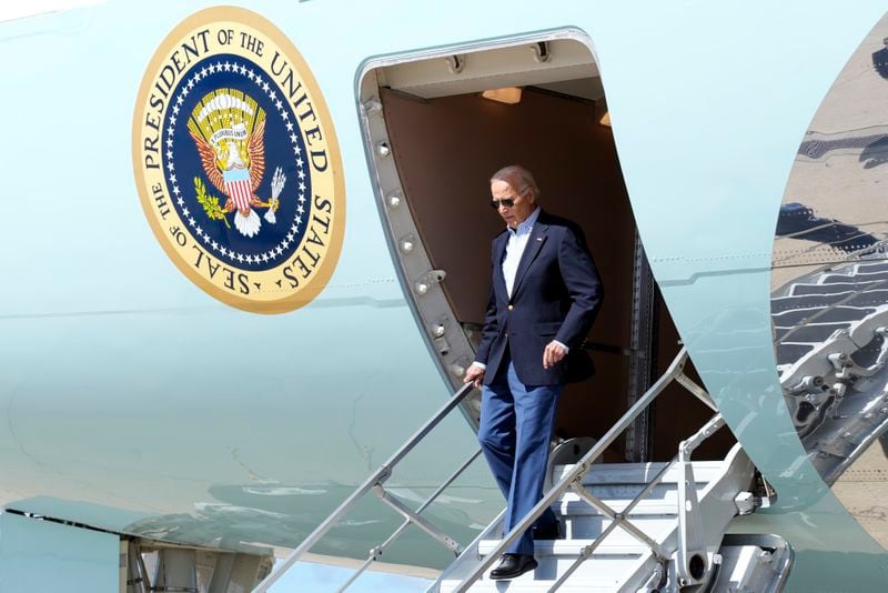 President Joe Biden arrives Air Force One at Pittsburgh International Airport in Pittsburgh, Monday, Sept. 2, 2024, to campaign with Democratic presidential nominee Vice President Kamala Harris on Labor Day. (AP Photo/Susan Walsh)