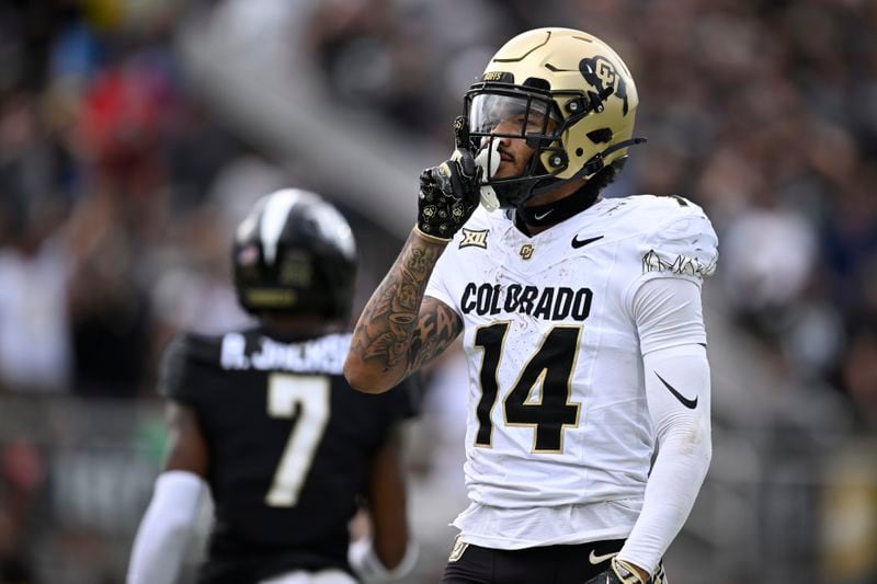 Colorado wide receiver Will Sheppard (14) celebrates after his touchdown catch during the first half of an NCAA college football game against Central Florida, Saturday, Sept. 28, 2024, in Orlando, Fla. (AP Photo/Phelan M. Ebenhack)