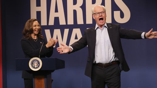 This image released by NBC shows Maya Rudolph as Kamala Harris, left, and Jim Gaffigan as Tim Walz, during the cold open sketch on "Saturday Night Live" in New York on Saturday, Sept. 28, 2024. (Will Heath/NBC via AP)