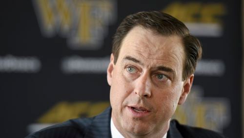 FILE - In this May 6, 2019, file photo, Wake Forest athletic director John Currie talks with the media in Winston-Salem, N.C. (Walt Unks/The Winston-Salem Journal via AP, File)