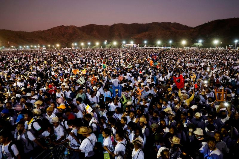 Faithful gather at the Esplanade of Taci Tolu during Pope Francis' apostolic trip to Asia, in Dili, East Timor, Tuesday, Sept. 10, 2024. (Willy Kurniawan/Pool Photo via AP)