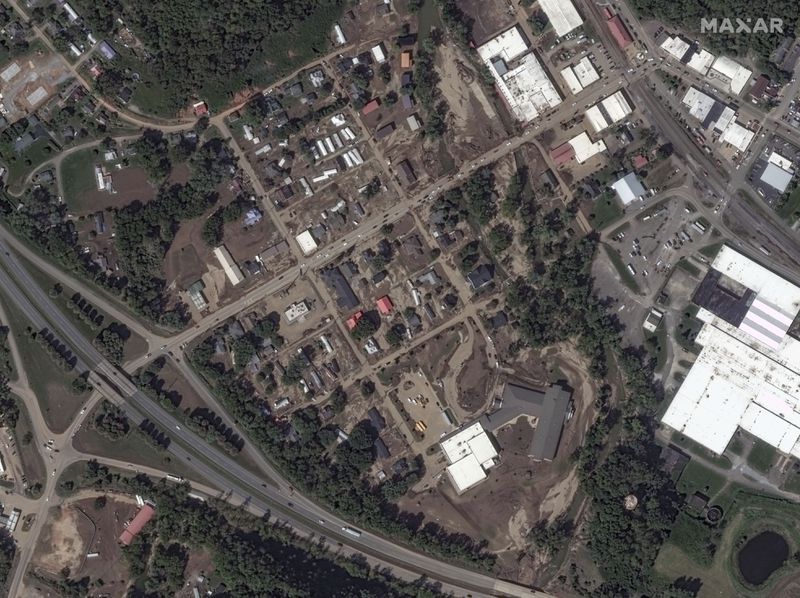 This satellite image released by Maxar Technologies shows damage from Hurricane Helene in Old Fort, N.C., Wednesday, Oct. 2, 2024. (Satellite image ©2024 Maxar Technologies via AP)