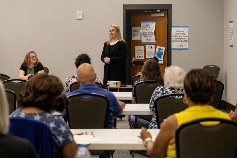 Cobb County Elections Director Tate Fall speaks to poll managers during a training  in Marietta, Ga., on Thursday, June 27, 2024. (Peggy Dodd/News21)