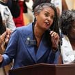 Sen. Nikki Merritt, D-Grayson, speaks at the Georgia State Capitol during a press conference on Wednesday, July 24, 2024, to respond to the state's decision to defund AP African American studies. (Natrice Miller/ AJC)