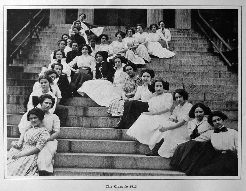 The class of 1913, posing in “K” formation from that year’s Wesleyan College yearbook, titled “Ku Klux.” It was one of the first classes in the college’s history to use a class name. Over the years, the name morphed into the Tri-K’s to the Tri-K Pirates to the Pirates. These historic ties to the Klan led school officials’ decision this year to eliminate use of class names. COPY PHOTO