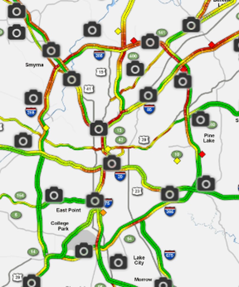 This is the WSB 24-hour Traffic Center map as of about 4:30 p.m. Wednesday. The redder the interstate, the slower traffic is moving.