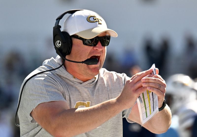 Georgia Tech head coach Brent Key shouts instructions during the second half of an NCAA college football game at Georgia Tech's Bobby Dodd Stadium, Saturday, October 21, 2023, in Atlanta. Boston College won 38-23 over Georgia Tech. (Hyosub Shin / Hyosub.Shin@ajc.com)