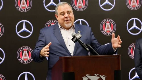 Garth Lagerwey answered questions during a press conference after being introduced as the new Atlanta United President & CEO  on Tuesday, Nov. 29, 2022.  Miguel Martinez / miguel.martinezjimenez@ajc.com