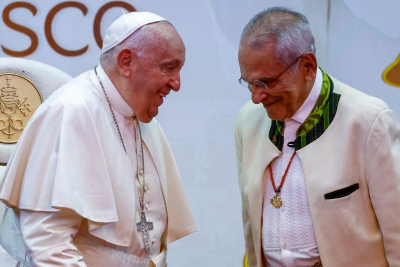 Pope Francis and East Timor President Jose Ramos-Horta, right, during a meeting with East Timor authorities, civil society, and the diplomatic corps at the Presidential Palace in Dili, East Timor, Monday, Sept. 9, 2024. (Willy Kurniawan/Pool Photo via AP)