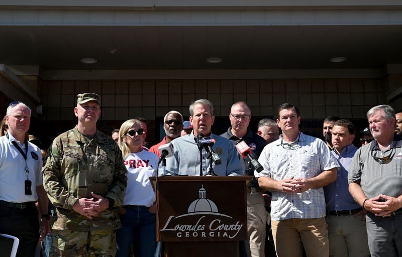 Gov. Brian Kemp speaks Saturday at the Lowndes County Emergency Management Operations Center in Valdosta after Helene swept through the state, leading to at least 25 deaths. (Hyosub Shin / AJC)