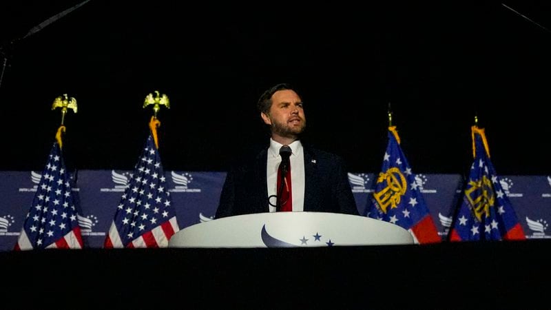 Republican vice presidential nominee Sen. JD Vance, R-Ohio, speaks during the Georgia Faith and Freedom Coalition's dinner at the Cobb Galleria Centre, Monday, Sept. 16, 2024, in Atlanta. (AP Photo/Mike Stewart)