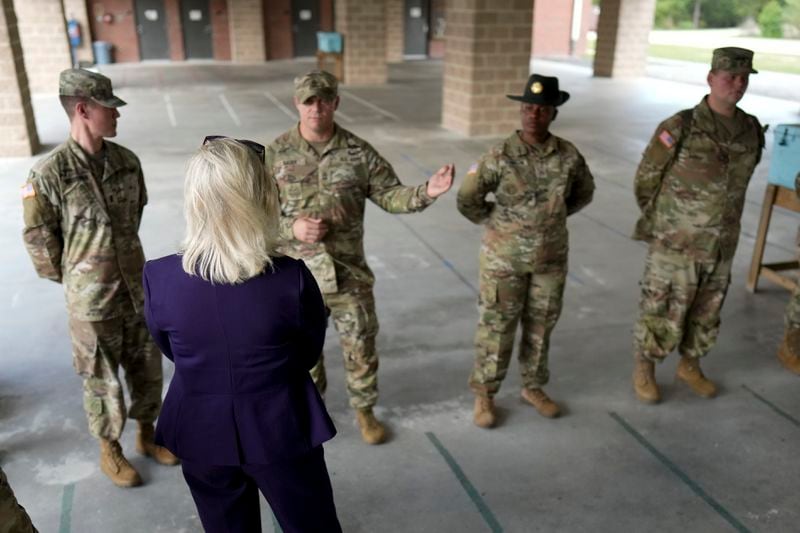 Army Secretary Christine Wormuth talks with soldiers at Fort Jackson, a U.S. Army Training Center, Wednesday, Sept. 25, 2024, in Columbia, S.C. (AP Photo/Chris Carlson)