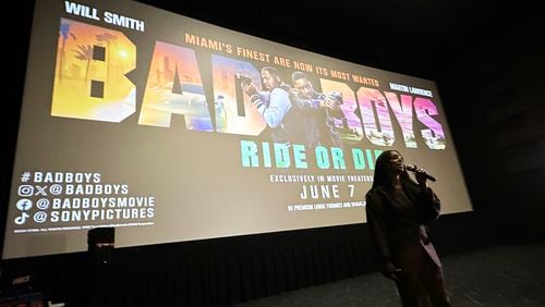 At a screening for "Bad Boys Ride or Die" at IPIC at Colony Square in Atlanta on Tuesday, June 3, Tasha Smith introduces the movie. RODNEY HO/rho@ajc.com