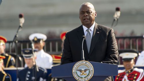 Defense Secretary Lloyd Austin speaks during a Sept. 11 observance ceremony at the Pentagon, Wednesday, Sept. 11, 2024, in Washington. (AP Photo/Kevin Wolf)