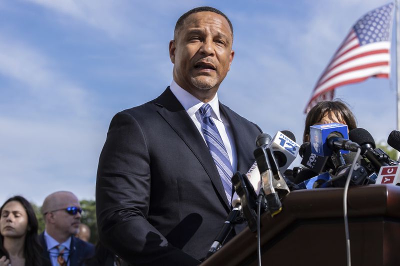 U.S. Attorney for the Eastern District of New York, Breon Peace speaks to the media outside the federal courthouse in Central Islip, N.Y. on, Monday, Aug., 19, 2024. (AP Photo/Stefan Jeremiah)