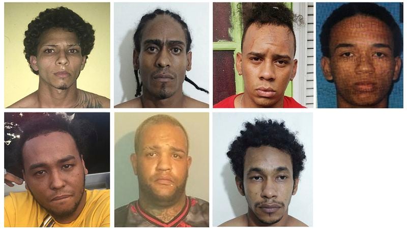 This combination of photos provided by the Dominican Republic National Police on Wednesday, June 12, 2019 show suspects in connection with the shooting of former Red Sox star David Ortiz in Santo Domingo, Dominican Republic. Police identify the men as, top row from left, Rolfy Ferreyra, who has been identified as the shooter, Joel Rodriguez Cruz, Oliver Moises Mirabal Acosta, and Eddy Vladimir Feliz Garcia. Bottom row from left, Polfirio Allende Dechamps Vazquez, Luis Alfredo Rivas Clase and Reynaldo Rodriguez Valenzuela. All the men with the exception of Rivas Clase have been detained. (Dominican Republic National Police via AP)