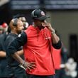 Atlanta Falcons head coach Raheem Morris reacts after Pittsburg Steelers sack Falcons quarterback Kirk Cousins during the second half of an NFL football game against the Pittsburgh Steelers on Sunday, Sept. 8, at Mercedes-Benz Stadium in Atlanta. 
(Miguel Martinez/ AJC)