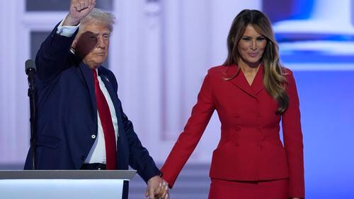 Republican presidential candidate former President Donald Trump is joined on stage by former first lady Melania Trump at the Republican National Convention Thursday, July 18, 2024, in Milwaukee. (AP Photo/J. Scott Applewhite)