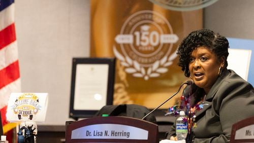 Former Atlanta Public Schools Superintendent Lisa Herring will lead the group PROPEL. She spoke on Aug. 7, 2023, in Atlanta, during her final meeting as superintendent. (Michael Blackshire/Michael.blackshire@ajc.com)