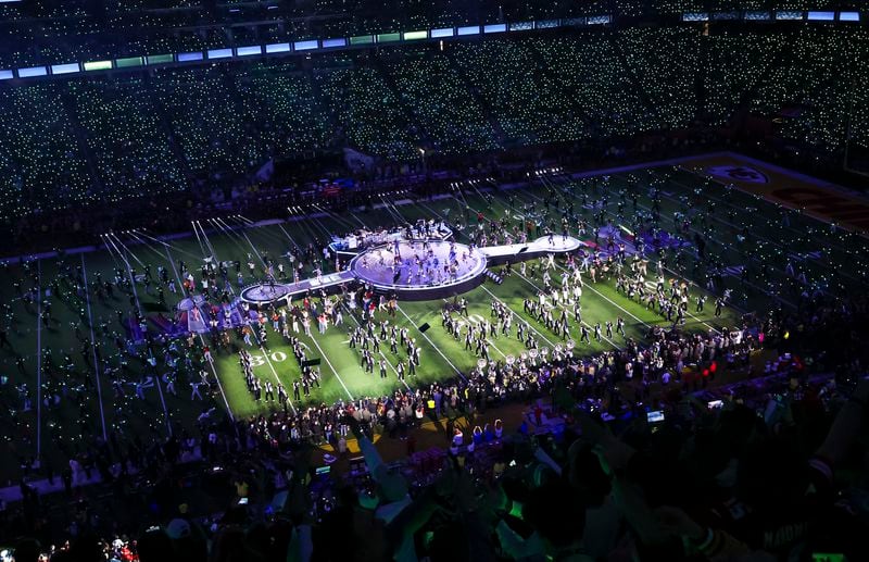 Usher performs during the halftime show at Super Bowl LVIII at Allegiant Stadium on Sunday, Feb. 11, 2024, in Las Vegas. (Ellen Schmidt/Las Vegas Review-Journal/TNS)