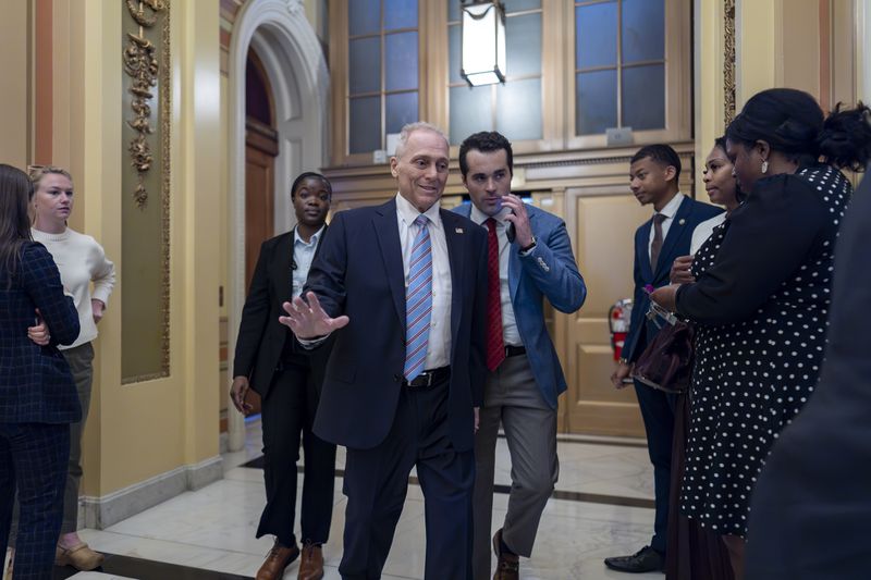 House Majority Leader Steve Scalise, R-La., and other lawmakers arrive at the House Chamber to vote on an interim spending bill to avoid a government shutdown next week, at the Capitol in Washington, Wednesday, Sept. 25, 2024. (AP Photo/J. Scott Applewhite)