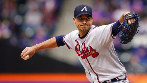 Atlanta's Charlie Morton pitches in the first game of a doubleheader against the Mets on Tuesday in New York. (AP Photo/Frank Franklin II)