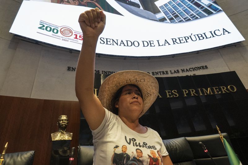 A protester interrupts a Senate session in which lawmakers were debating the government's proposed judicial reform, which would make judges stand for election, in Mexico City, Tuesday, Sept. 10, 2024. (AP Photo/Felix Marquez)