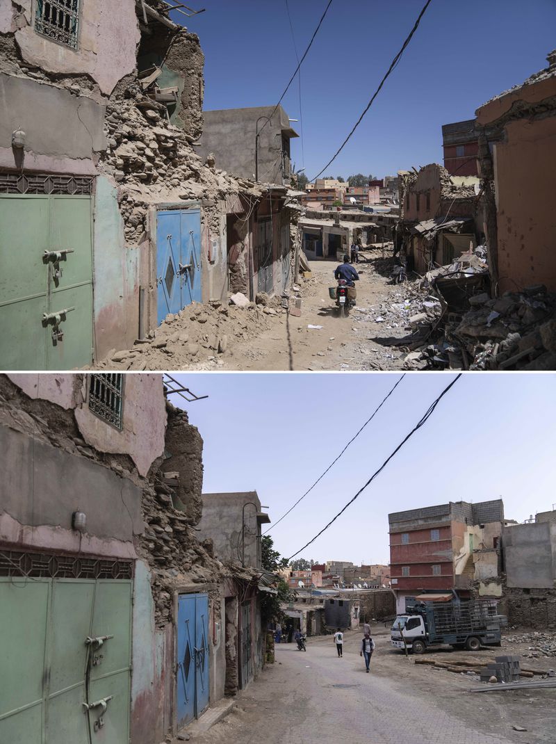 In this combination of photos, a man drives past earthquake damage in the town of Amizmiz, Morocco, near Marrakech, Sept. 10, 2023, and people walking down the same street on Sept. 4, 2024. (AP Photo/Mosa'ab Elshamy)