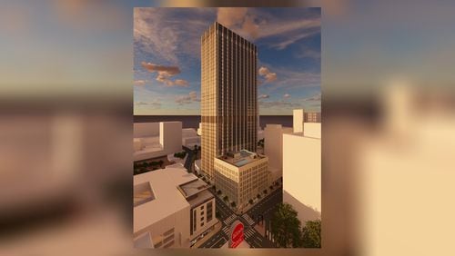 This is a rendering of the 2 Peachtree conversion project in downtown Atlanta, which will retrofit aging offices into affordable apartments.