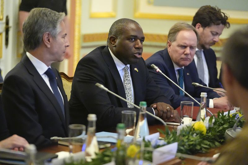 Britain's Foreign Secretary David Lammy speaks during a meeting with U.S. Secretary of State Antony Blinken and Ukraine's President Volodymyr Zelenskyy at the Mariinsky Palace in Kyiv, Ukraine, Wednesday, Sept. 11, 2024. (AP Photo/Mark Schiefelbein, Pool)