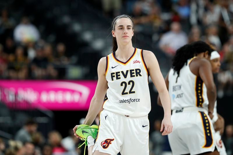 Indiana Fever guard Caitlin Clark (22) prepares for an WNBA basketball game between the Las Vegas Aces and the Indiana Fever Tuesday, July 2, 2024, in Las Vegas. (Steve Marcus/Las Vegas Sun via AP)