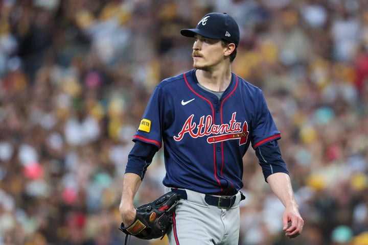 Atlanta Braves pitcher Max Fried looks to the outfield after giving up five runs to the San Diego Padres during the second inning of National League Division Series Wild Card Game Two at Petco Park in San Diego on Wednesday, Oct. 2, 2024.   (Jason Getz / Jason.Getz@ajc.com)