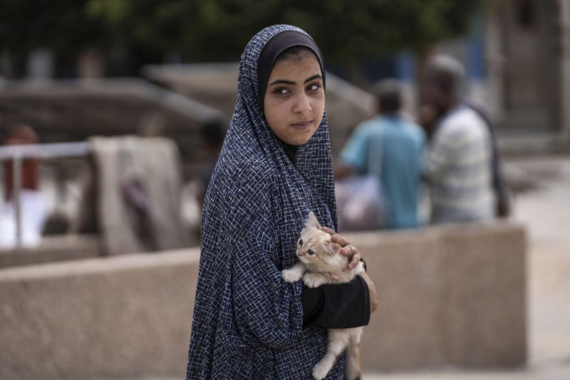 A Palestinian girl carries her cat as she evacuates a school that had been her shelter, in eastern Deir al-Balah, Gaza Strip, Friday, Aug. 16, 2024, after the Israeli military dropped leaflets asking civilians to evacuate from the area, saying forces plan to respond to rocket fire that targeted Israel. (AP Photo/Abdel Kareem Hana)