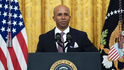 Dr. Edjah Nduom, associate professor, Department of Neurosurgery, Emory University School of Medicine, speaks during a "Cancer Moonshot," event in the East Room of the White House, Wednesday, Feb. 2, 2022, in Washington. (AP Photo/Alex Brandon)