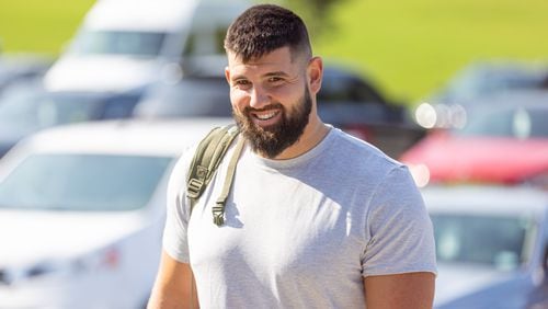 Matt Hennessy (61) reports to Atlanta Falcons training camp in Flowery Branch on Tuesday, July 25, 2023. (Arvin Temkar / arvin.temkar@ajc.com)