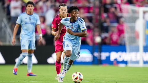 Atlanta United midfielder Ajani Fortune #35 dribbling up the field during the match against the St. Louis City SC at CITYPARK in St. Louis, MO on Saturday June 22, 2024. (Photo by Mitch Martin/Atlanta United)