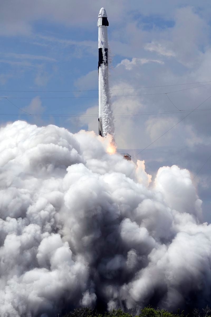 A SpaceX Falcon 9 rocket, with a crew of two astronauts, lifts off from launch pad 40 at the Cape Canaveral Space Force Station Saturday, Sept. 28, 2024, in Cape Canaveral, Fla. (AP Photo/Chris O'Meara)