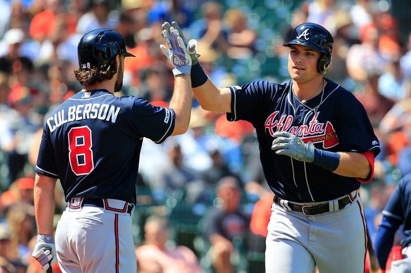 Austin Riley celebrates his home run with Charlie Culberson during the eighth inning. (Photo by Daniel Shirey/Getty Images)