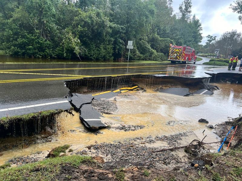 This photo provided by Brunswick County Sheriff's Office shows a flooded highway after a storm dropped historic amounts of rain, Monday, Sept. 16 2024. (Brunswick County Sheriff's Office via AP)