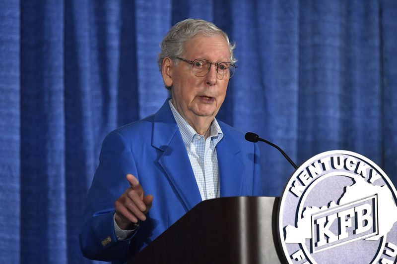 Senate Minority Leader Mitch McConnell, R-Ky., speaks to the audience gathered at the Kentucky State Fair Ham Breakfast at the Kentucky Exhibition Center in Louisville, Ky., Thursday, Aug. 22, 2024. (AP Photo/Timothy D. Easley)