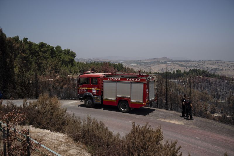Firefighters check a burned area at Biriya Forest, from previous shelling attacks from Lebanon, near the town of Hatzor Haglilit, northern Israel, Thursday, June 20, 2024. (AP Photo/Leo Correa)