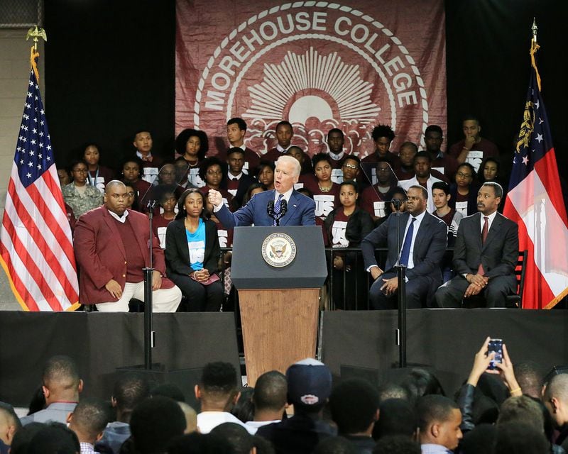 Then-Vice President Joe Biden visits Morehouse College during a three-college tour to mobilize students to take action to prevent sexual assault on campuses on Tuesday, Nov. 10, 2015 in Atlanta. AJC FILE PHOTO.