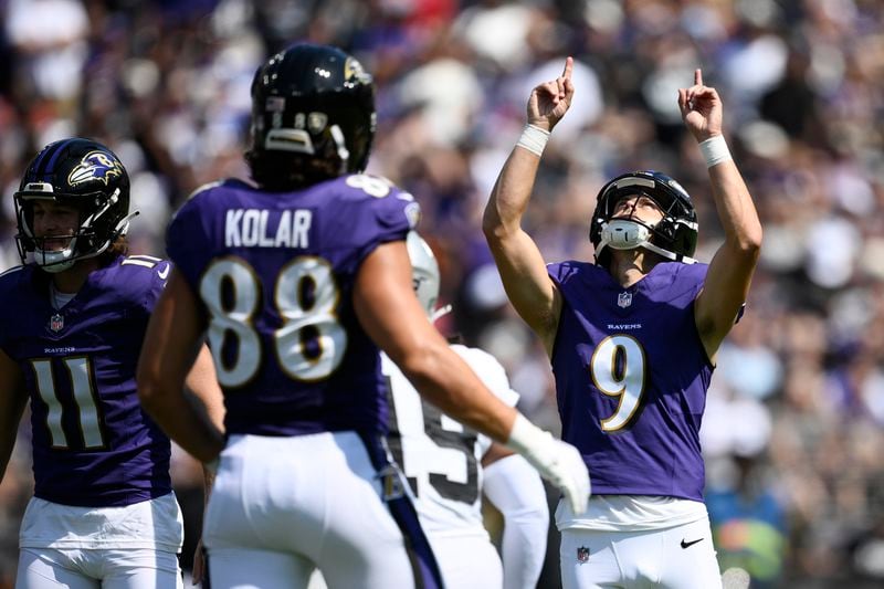 Baltimore Ravens place kicker Justin Tucker (9) reacts after kicking a field goal against the Las Vegas Raiders during the first half of an NFL football game, Sunday, Sept. 15, 2024, in Baltimore. (AP Photo/Nick Wass)