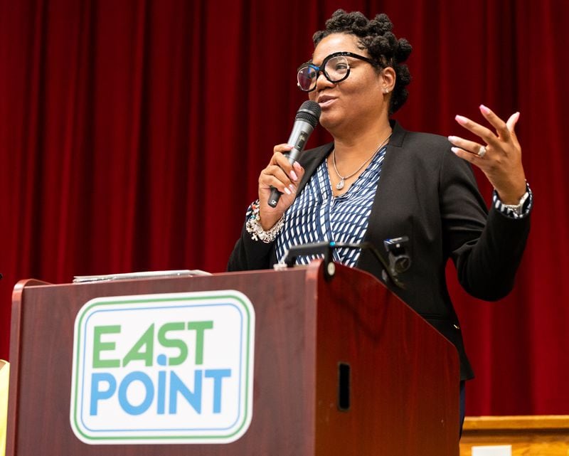 East Point Mayor Deana Holiday Ingraham speaks at a ceremony honoring graduates of the Construction Ready training program at the East Point City Hall Annex in East Point, GA on Friday, August 2, 2024. (Seeger Gray / AJC)