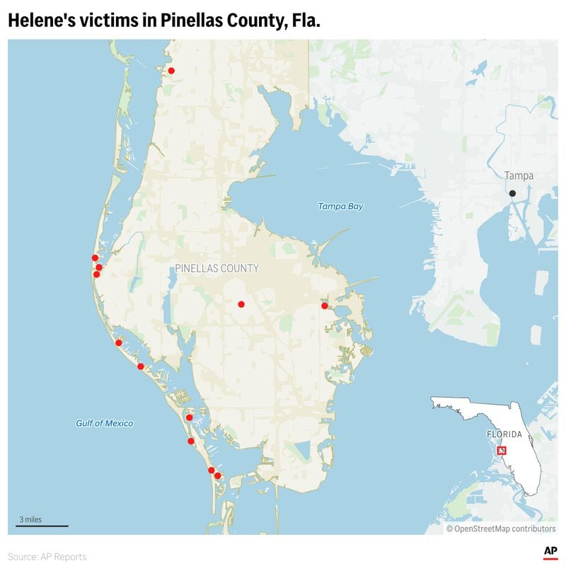 Map showing the location where 12 people died in Pinellas County, Florida during hurricane Helene. (AP Digital Embed)