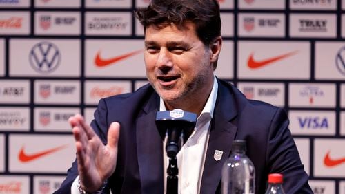 Mauricio Pochettino, the newly appointed head coach of the United States men's national soccer team, speaks at a press conference Friday, Sept. 13, 2024, in New York. (AP Photo/Adam Hunger)