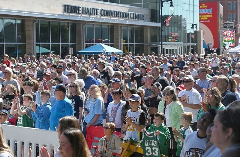 Fans crowd Wabash Ave. in front of the Terre Haute Convention Center during the grand opening ceremony for the Larry Bird Museum, Thursday, May 30, 2024, in Terre Haute, Ind. (Joseph C. Garza/The Tribune-Star via AP)